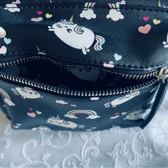 Unicorn And Rainbows Mini Vinyl Backpack Purse Bookbag With Pom Pom - Picture 10 of 10